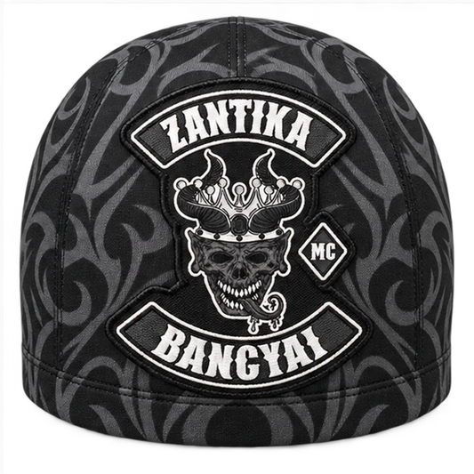 Woven / Embroidered Patch custom motorcycle club skull cap with an approved full-coverage club design.