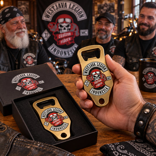 Solid anniversary bottle openers presented to motorcycle club founders and members.