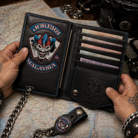 Touring rider organizing cash in a motorcycle club wallet with an authorized logo and multiple bill sections.