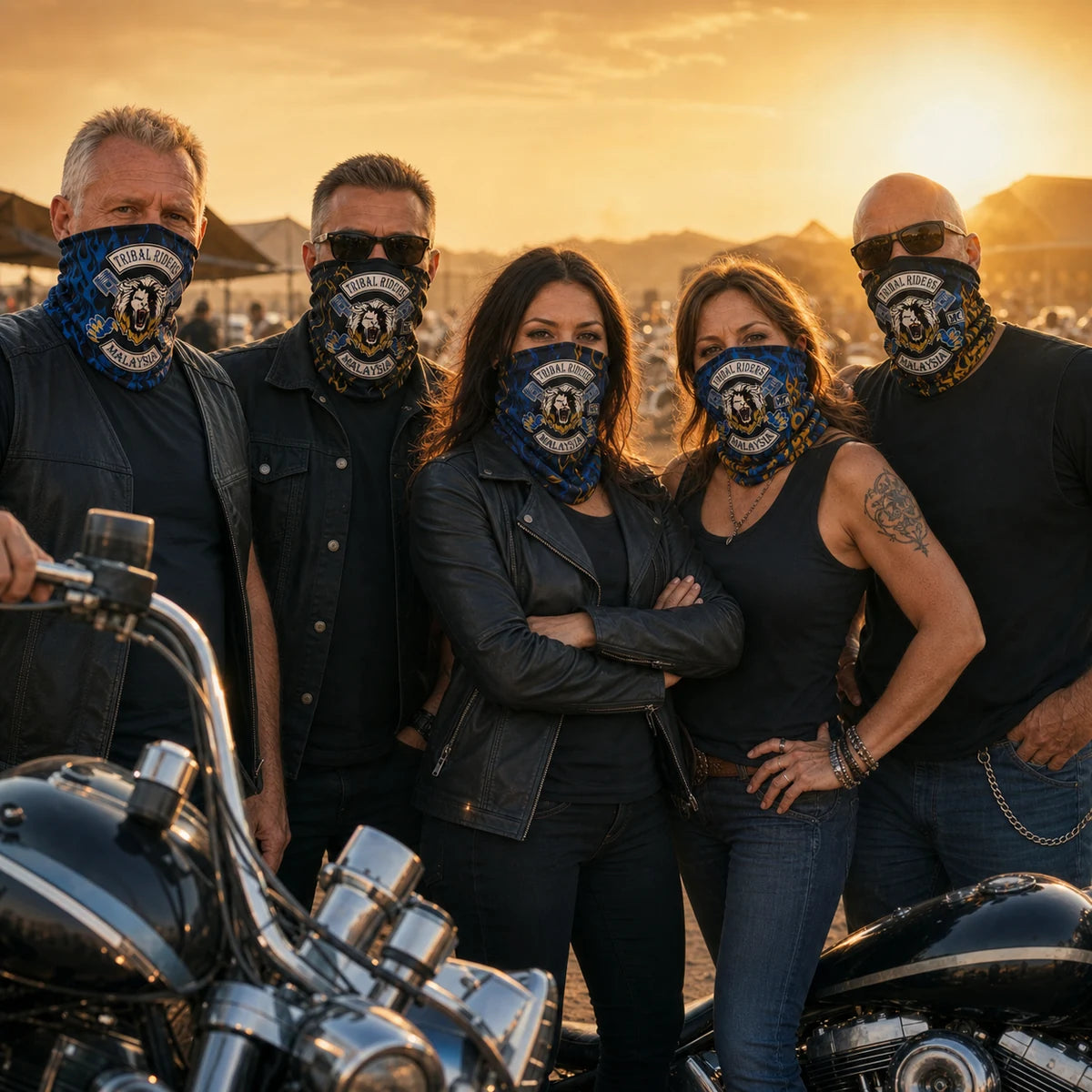集会参加者は、駐車されたVツイン型バイクの間に立つ中、公認のトライバル・ライダーズのエンブレムが入った特注の全面プリントゲイターを身につけている。