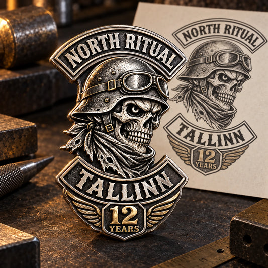 North Ritual Tallinn 12-year motorcycle club anniversary badge concept beside its approved artwork.