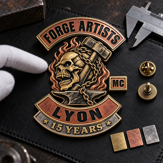 Forge Artists Lyon 15-year motorcycle club anniversary badge under final design inspection.