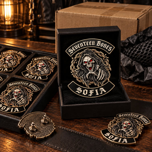 Seventeen Bones Sofia motorcycle club anniversary badges boxed and prepared for worldwide shipping.