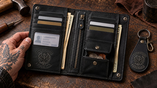 Open Night Wardens Phoenix motorcycle club wallet displaying card slots, bill compartment, ID window and zipper pocket.