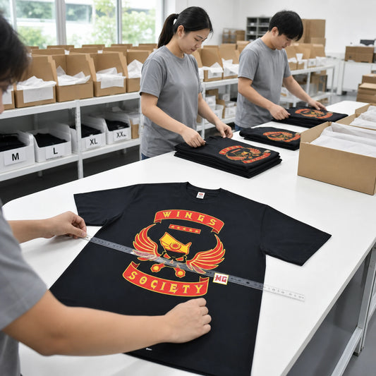 Wings Society Thailand motorcycle club short-sleeve T-shirts inspected, packed and ready for shipping.
