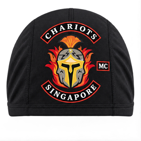 Front custom motorcycle club skull cap with an approved full-coverage club design.