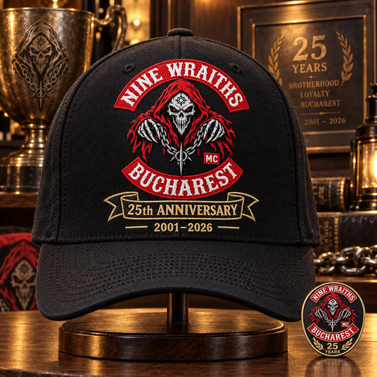 Commemorative motorcycle club cap embroidered for a 25th anniversary milestone from 2001 to 2026.