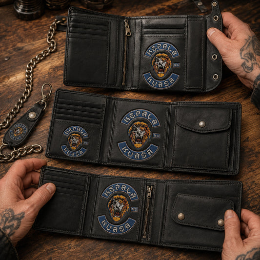 Custom motorcycle club wallet interior prototypes with an authorized logo arranged for layout selection.