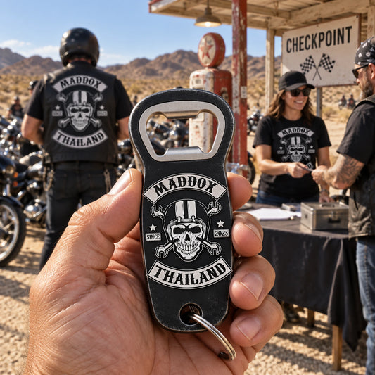 Solid custom bottle openers shared at a motorcycle poker-run checkpoint.