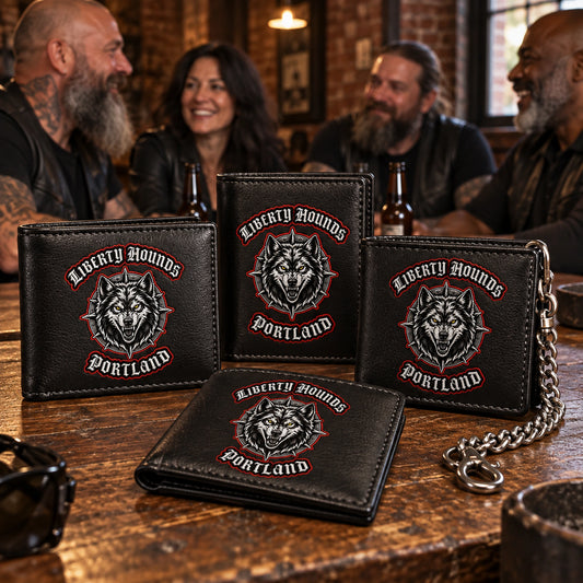 Matching Liberty Hounds Portland motorcycle club wallets prepared for members at a clubhouse table.