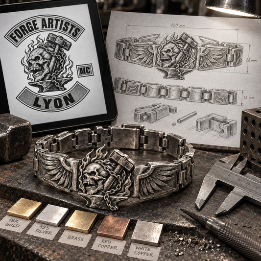 Forge Artists Lyon monochrome club logo beside bracelet engineering sketches and five natural metal samples