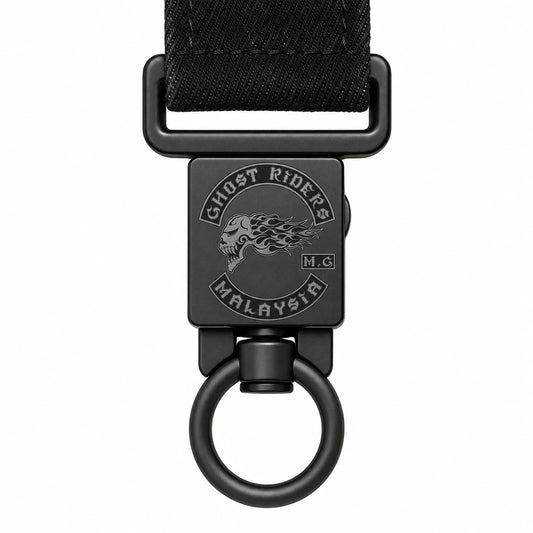 Swivel clasp reducing chain twist featuring an authorized motorcycle club logo.
