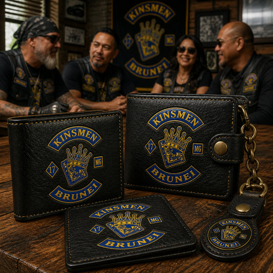 Matching leather wallets with an authorized motorcycle club logo prepared as everyday gear for club members.