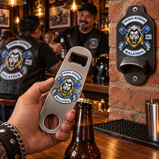 Solid custom bottle openers used at a motorcycle clubhouse bar.