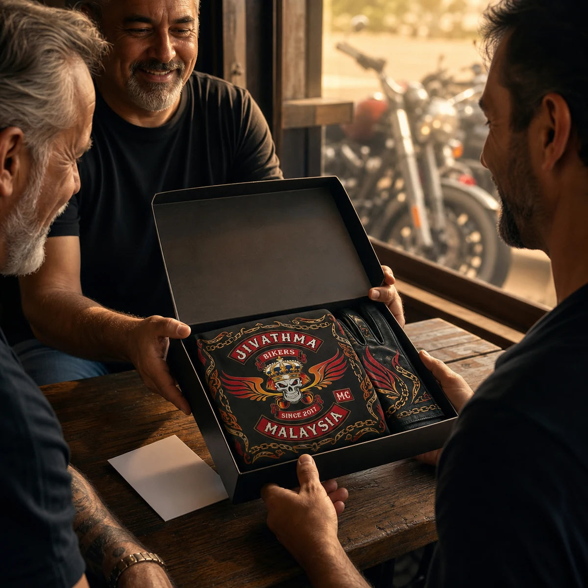 クラブメンバーは、公認のジバットマのエンブレムが入った特注のゲーターキットを新しいライダーに贈呈します。