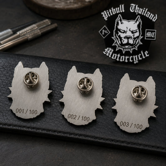 Three Pitbull Thailand motorcycle club pin backs numbered 001 to 003, each with a welded post and attached butterfly clutch.