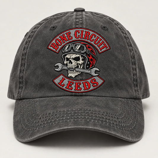 vintage charcoal motorcycle club vintage dad hat with an authorized club logo.
