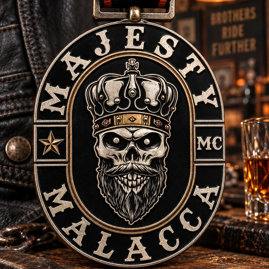 Clean two-level relief medal for logo, date and chapter wording. Custom motorcycle club medal.