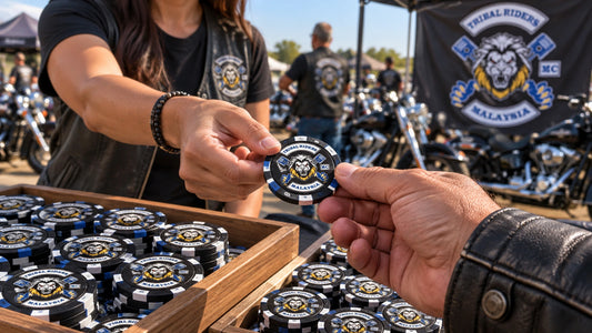 Trays of solid custom motorcycle event poker chips arranged for rally distribution.