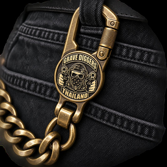 Industrial carabiner-style clip featuring an authorized motorcycle club logo.