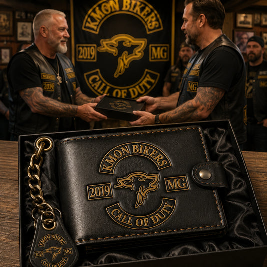 Motorcycle club president receiving a premium leather wallet with an authorized club logo in a presentation box.