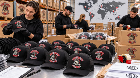 Bulk order of custom motorcycle club caps with an authorized logo being inspected and packed.