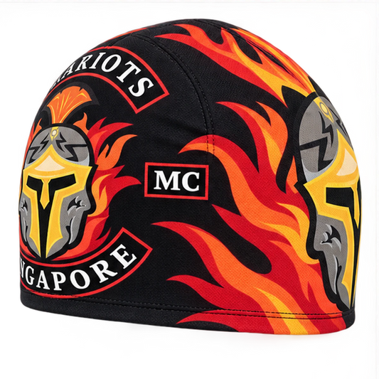 Back custom motorcycle club skull cap with an approved full-coverage club design.