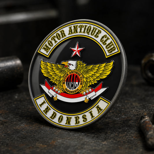 Soft enamel club pin with clear epoxy coating.