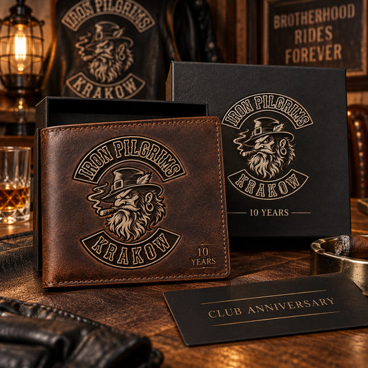Club Anniversaries shown as custom motorcycle club leather wallet gear with an authorized club emblem.