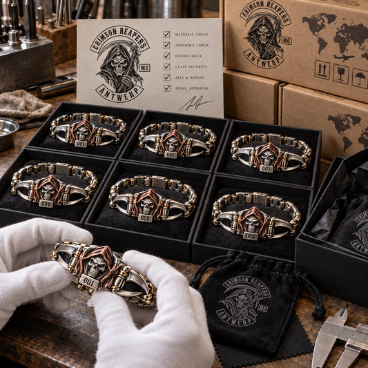 Crimson Reapers Antwerp personalized bracelet batch inspected and packed for worldwide shipping