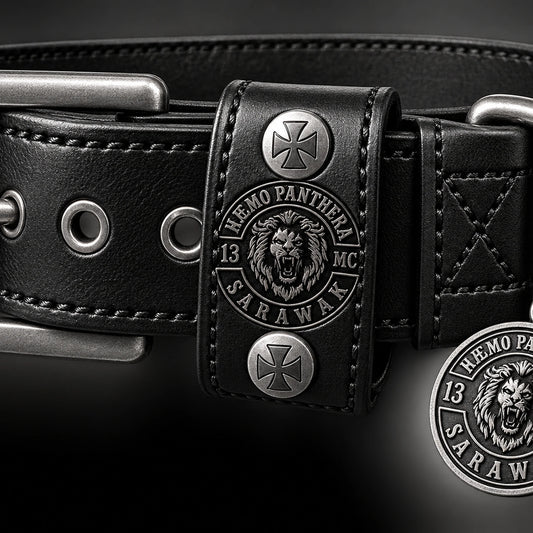 Leather belt loop attachment featuring an authorized motorcycle club logo.