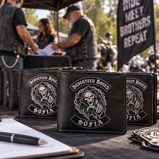 Chapter Events shown as custom motorcycle club leather wallet gear with an authorized club emblem.