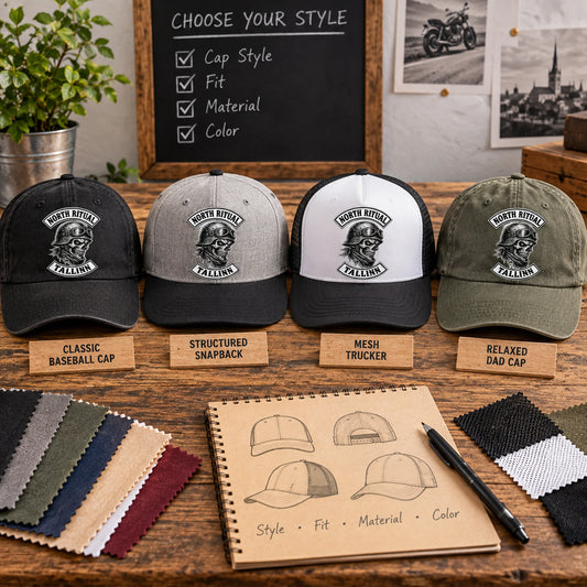 Four custom motorcycle club cap styles with authorized logo elements ready for selection.
