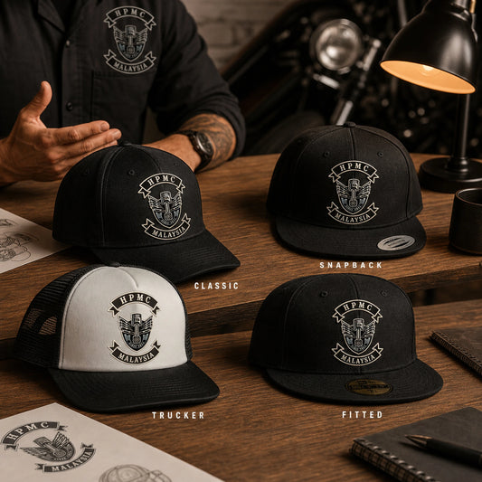 Four custom motorcycle club cap styles with authorized logo elements ready for selection.
