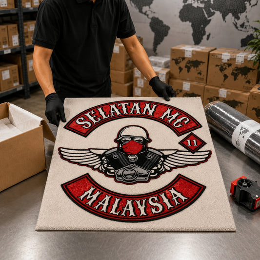 A custom motorcycle club rug is packed for worldwide shipping.