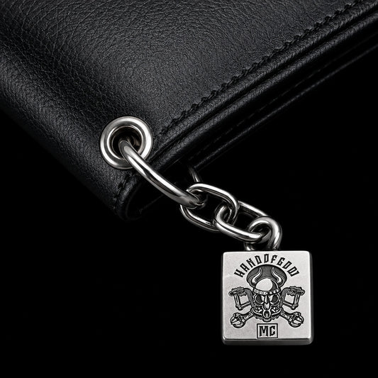 Split ring wallet or key attachment featuring an authorized motorcycle club logo.