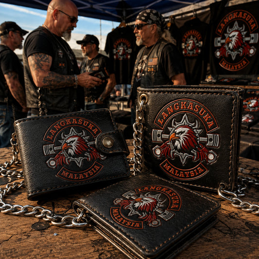 Chain-ready custom motorcycle club wallets with an authorized logo offered at an outdoor motorcycle rally merchandise booth.