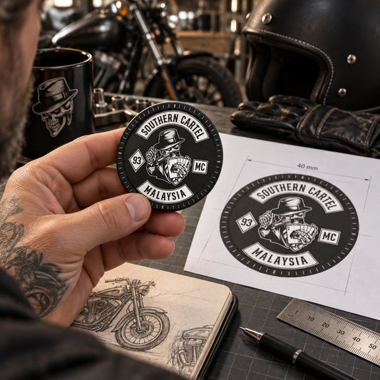 Custom motorcycle club poker chip layout being prepared from approved artwork.