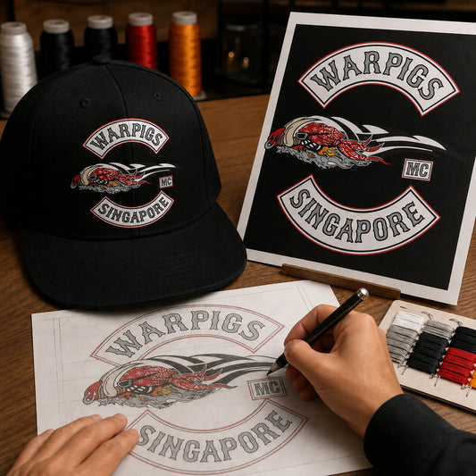 Authorized motorcycle club logo reference being prepared beside a custom cap and color swatches.