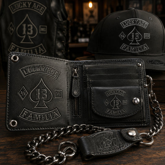 Custom leather wallet with an authorized motorcycle club logo displayed with coordinated club merchandise.