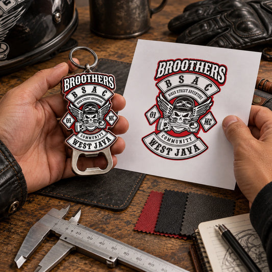 Motorcycle club representative reviewing a solid bottle opener sample and design proof.