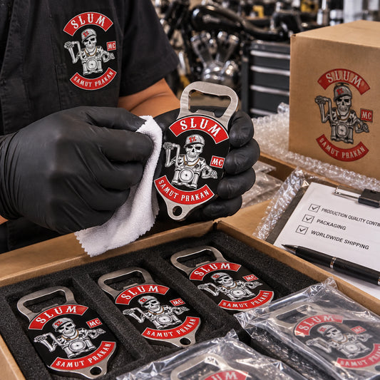 Finished solid motorcycle club bottle openers inspected before worldwide shipping.