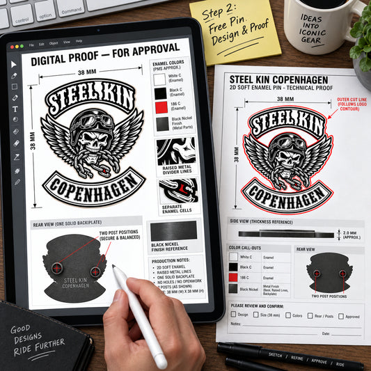 Steel Kin motorcycle club enamel pin proof showing shape, size, metal borders, colors, finish and backing positions.