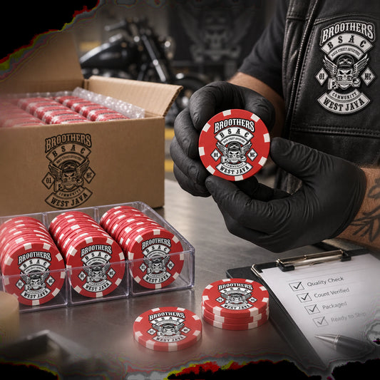 Finished solid motorcycle club poker chips inspected before worldwide shipping.