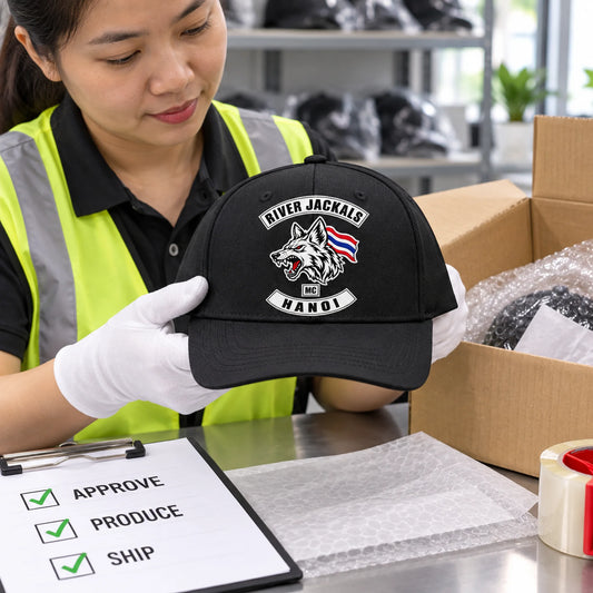 Finished motorcycle club cap with an authorized logo being inspected before worldwide shipping.