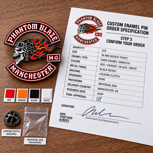 Phantom Blaze enamel pin sample beside an order sheet confirming quantity, size, colors, finish, backing and packaging.