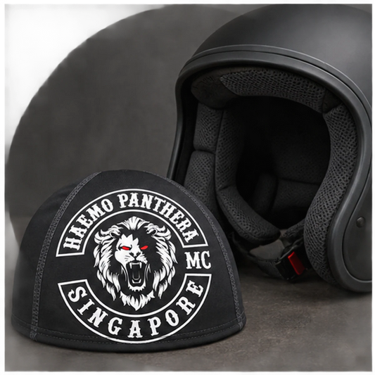 Helmet Interior Care custom motorcycle club skull cap with an approved full-coverage club design.