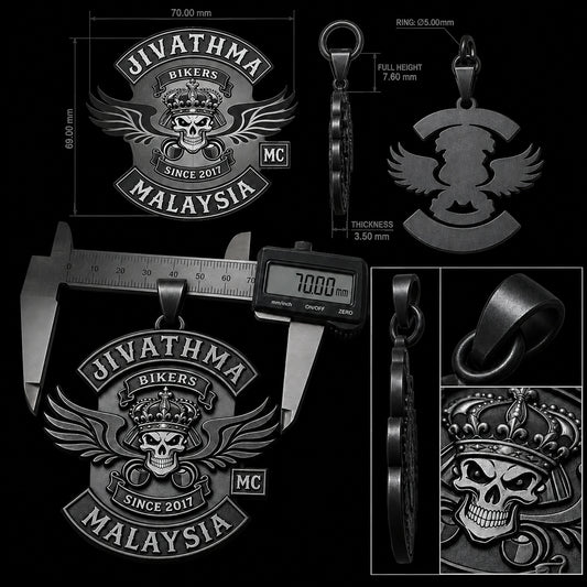 Review the complete custom chain design featuring an authorized motorcycle club logo.