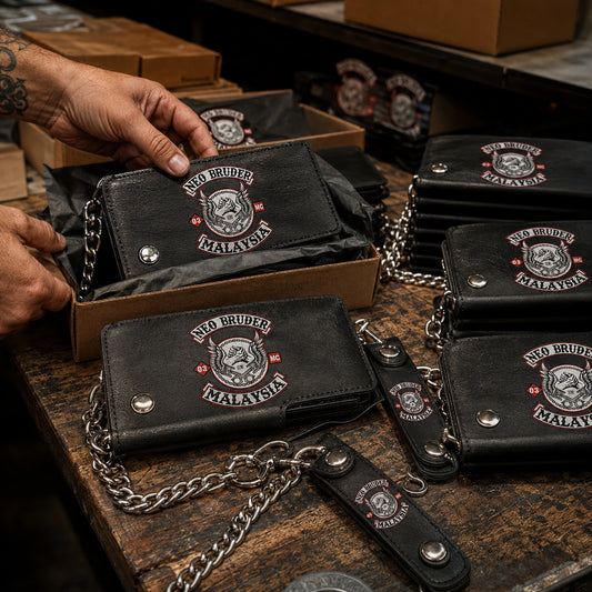 Bulk motorcycle club wallet order with an authorized logo organized and inspected for chapter members.