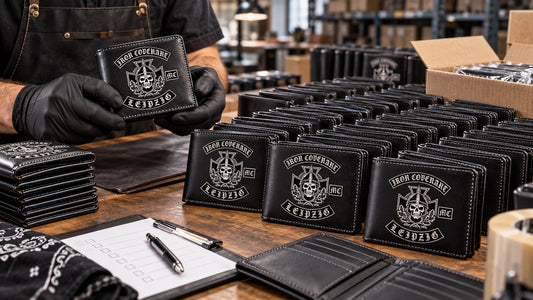 Bulk Club Orders shown as custom motorcycle club leather wallet gear with an authorized club emblem.